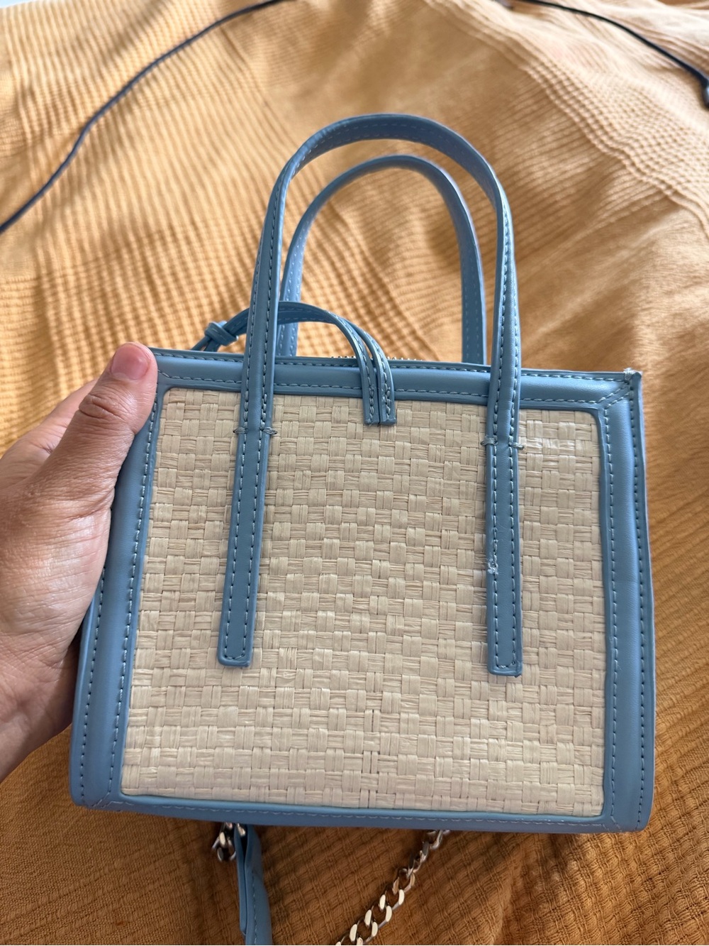 Light Blue and Cream Woven Mini Tote Bag Zara